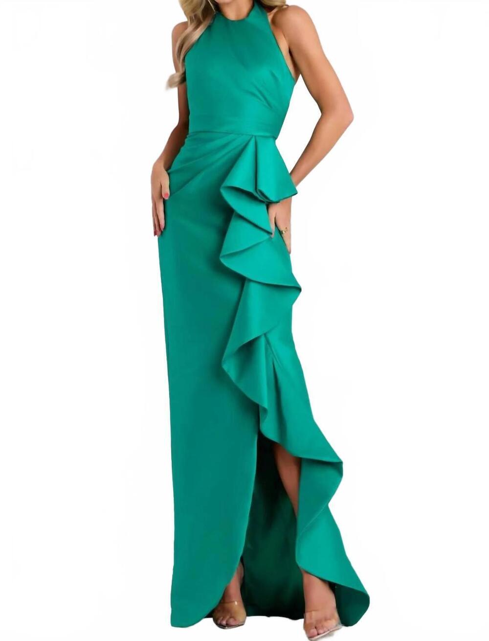 NEW JOVANI halter neck gown with cascading ruffle detail in emerald green